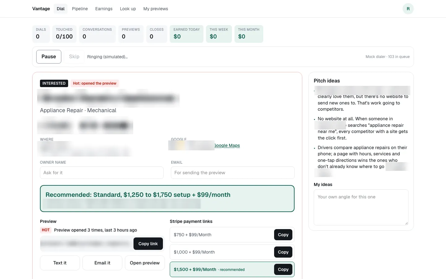 The call screen of the sales system with the lead, recommended price and pitch ideas
