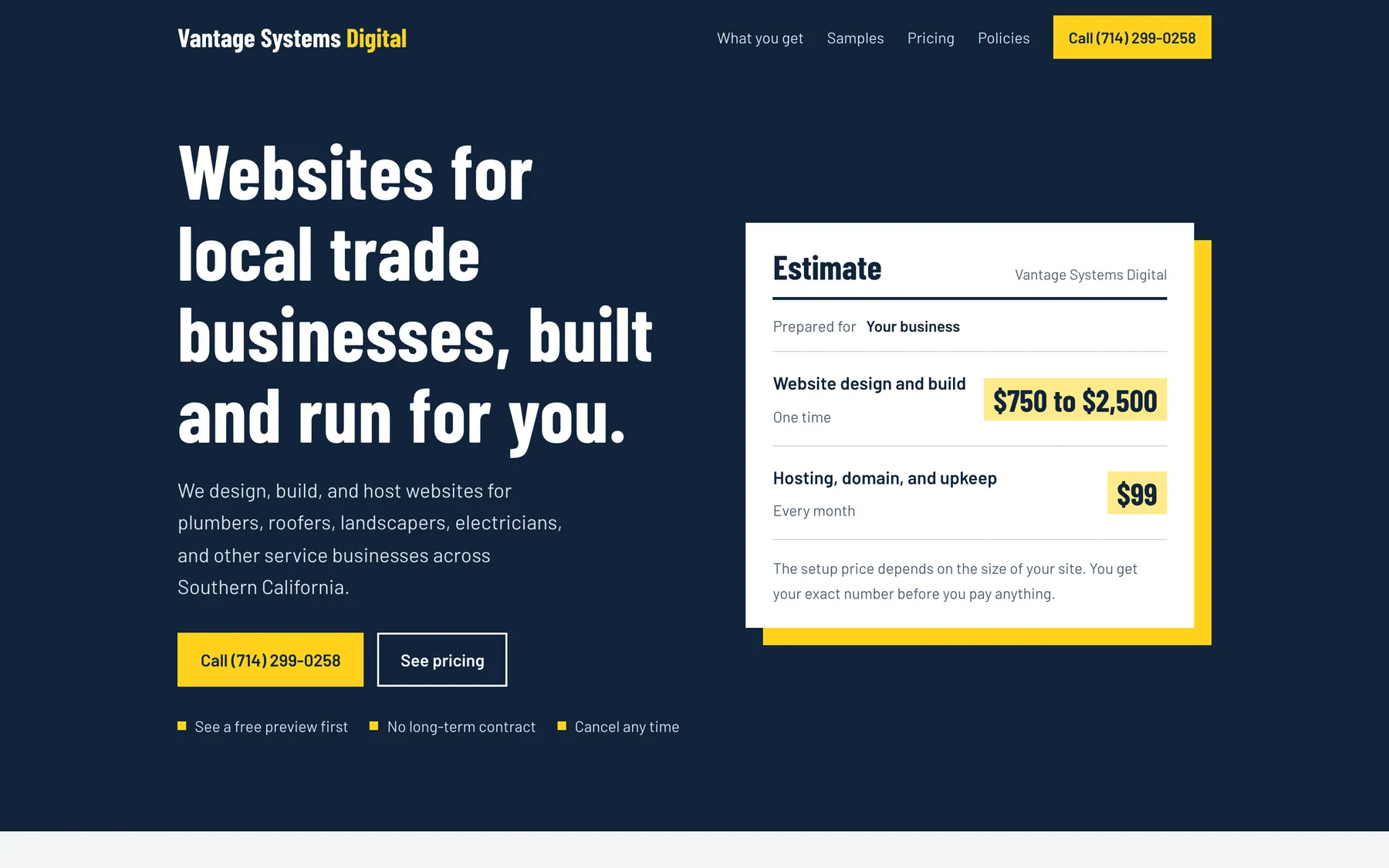 The Vantage Digital home page with pricing, and a sample plumbing site on a phone