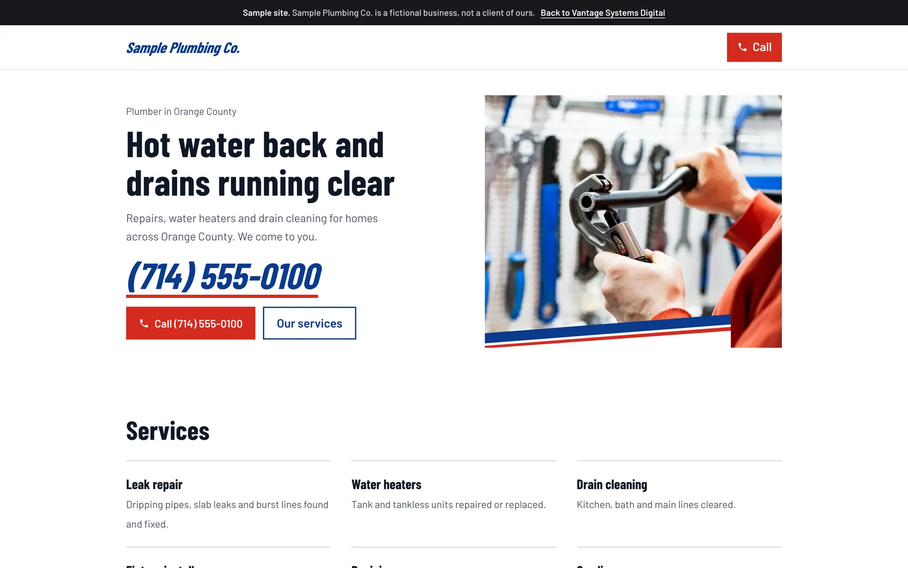 A sample plumbing company website with a large call button